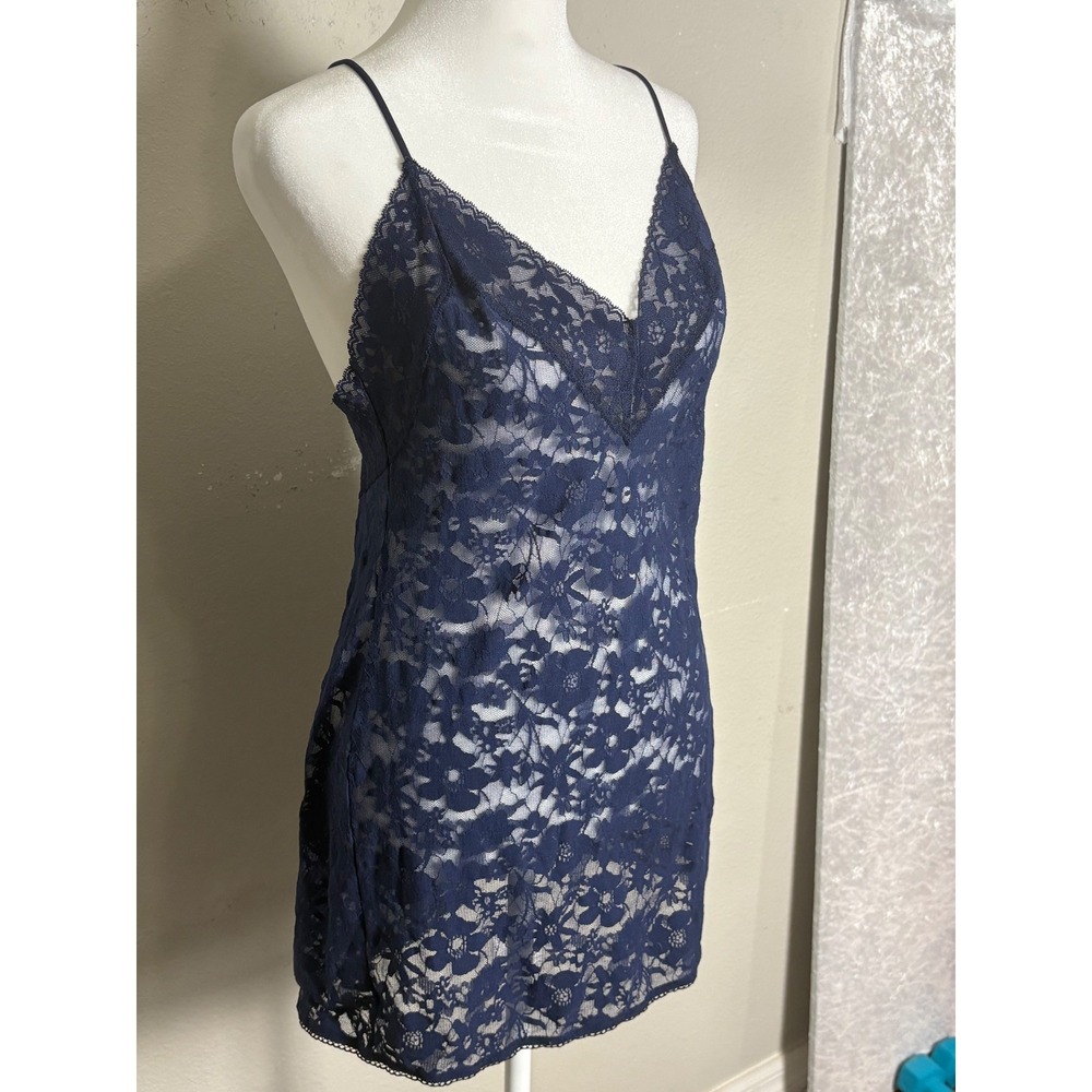Victoria's Secret Navy Blue Floral Lace Cross Back Slip Dress Chemise Nightgown - Picture 3 of 5